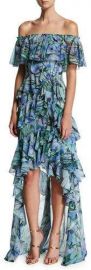 Badgley Mischka Off-the-Shoulder Tiered Floral Chiffon High-Low xx at Neiman Marcus